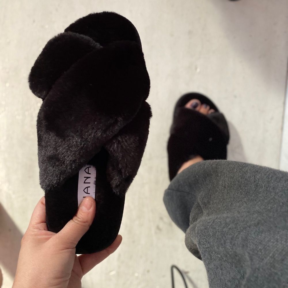 Black Faux Fur Slides